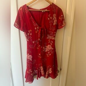 Red floral mini dress with tie front